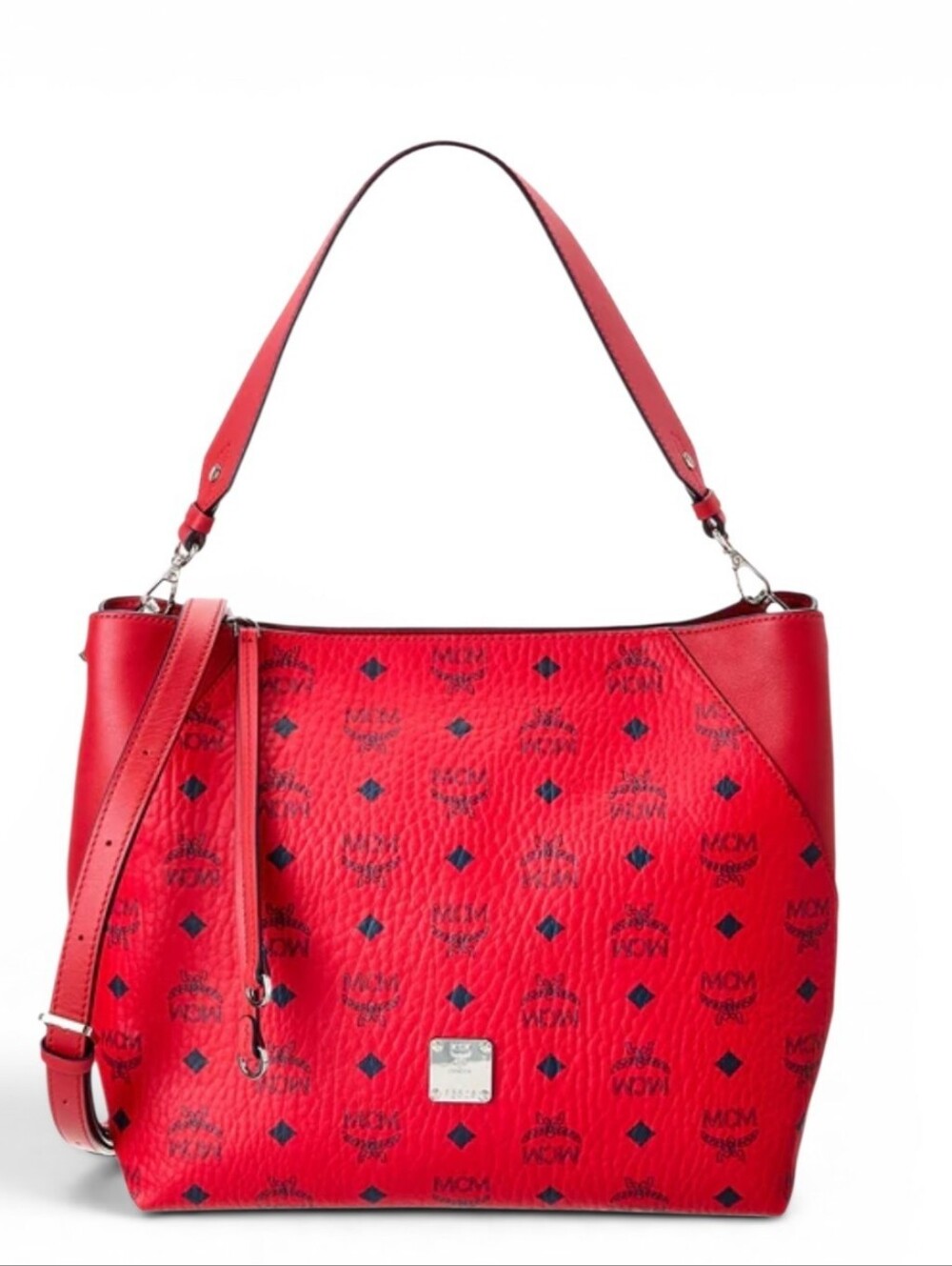 MCM Red Logo Visetos Hobo Shoulder Bag